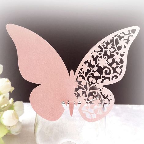 20 étiquettes lieu nom mariage papillon troué pour verre vin déco table, rose (1/2)