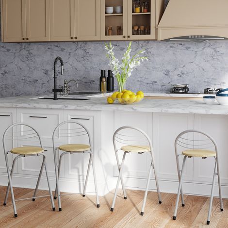 Tabouret de bar pliable pratique avec dossier, adapté intérieur extérieur et divers espaces, 4 pièces, pieds argentés, assise en hêtre