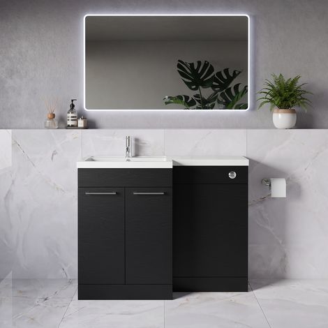 Napoli 390 Nero Oak 1100mm 2 Door Vanity Unit Toilet Suite with Square Left Hand Lucia Basin - 1100mm - Chrome 160mm HandleWithout Kingston Toilet Pan