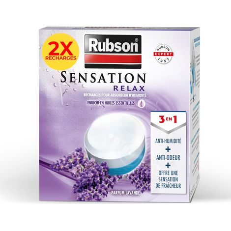 Sensation Relax Recharges universelles pour absorbeur d'humidité parfum lavande (2 x 300 g) – Recharges 3 en 1 anti-humidité, anti-odeur et agréable parfum (1/5)