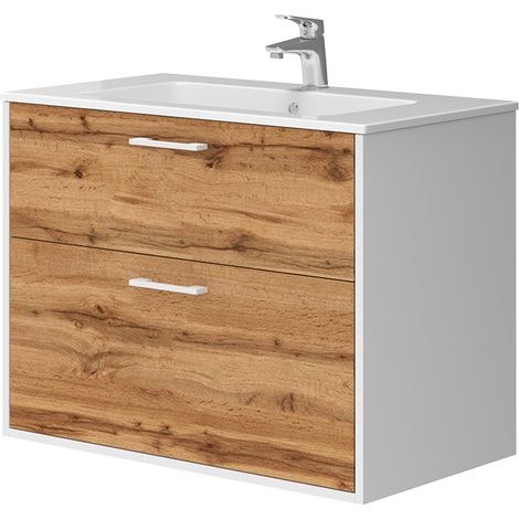 Badmöbel-Set Lanco, Weiß/Goldkraft Eiche, 80 x 61.5 cm mit Waschbecken, Vicco