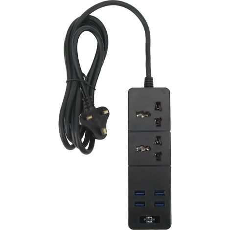 Bloc multiprise PC cuivre ignifuge 2 prises universelles 4 ports USB Hub avec câble 2m Noir Fiche UK 110-250V (1/5)