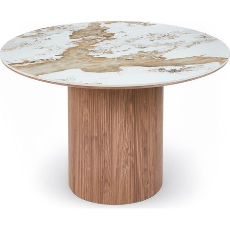 Table ronde moderne 120cm Églantine Céramique effet marbre blanc et pied colonne strié (1/4)