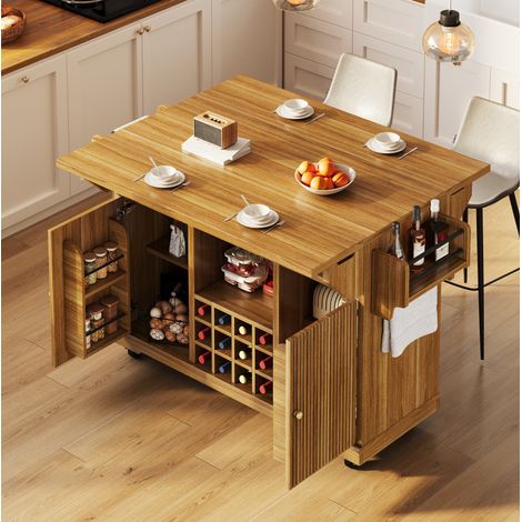 Îlot de cuisine mobile 142,5x80x95 cm en MDF brun foncé, avec rangement pour cuisine FloraGrace (1/5)