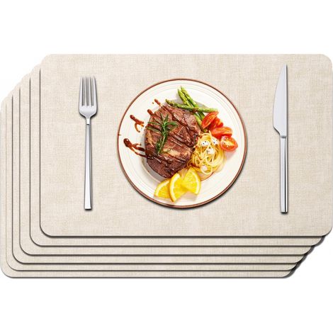 Lot de 6 dessous de verre beiges en similicuir, 30 x 43 cm, imperméables, résistants à la chaleur et antidérapants pour table à manger. (1/5)