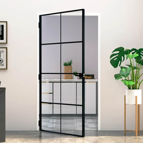 Porte intérieure noire, 102 x 201,5 cm, verre trempé et aluminium, design fin