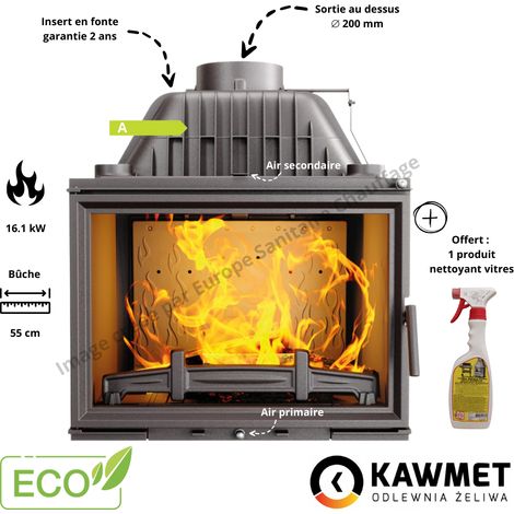 Insert cheminée à bois en fonte 16.1 kW – Double combustion – Rendement 71.2% – Capacité chauffage 161 m² – Sortie fumée 200 mm (1/5)