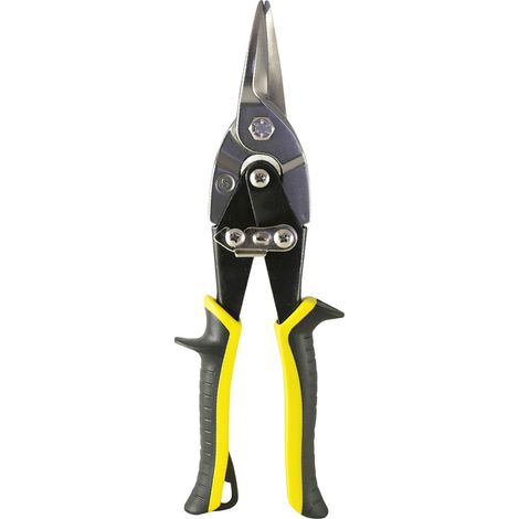 Zentralschneidende Blechschere 250 mm. Klinge aus Kohlenstoffstahl, gummierte Griffe, mit gezackten Zähnen, Furnierschneider, Luftfahrtschere