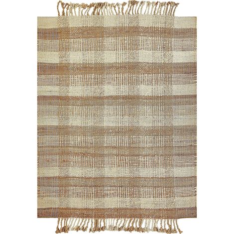 Beliani Rug Light Beige Jute 160 x 230 cm Boho Handwoven Area Tassels Fabric, Pile Height 1.5 cm, Rectangular, 95% Jute 5% Cotton, Geometric Pattern BERISSA