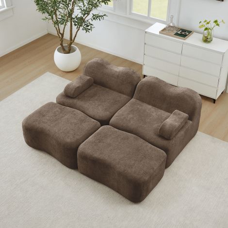 Canapé Modulable 2 Places avec 2 Poufs, Canapé Sans Structure en Mousse Haute Densité 32D, Assise Confortable, Base Antidérapante, Accoudoirs Mobiles, Sans Montage, Marron (1/5)