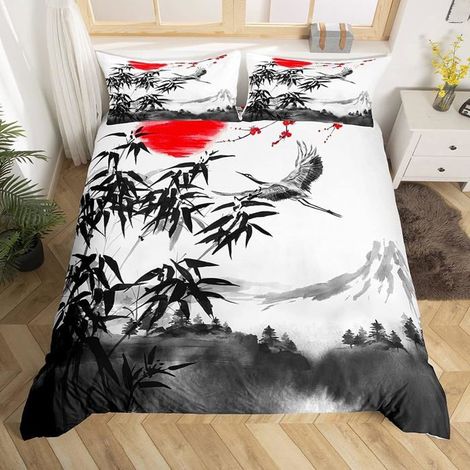 Housse de Couette 240x260 + 2 x Taie d'Oreiller 65x65cm- Microfibre Parure de Lit Adulte - Peinture à l'encre grue bambou - NNQ (1/5)