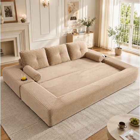 Sofá cama multifuncional (232x98x80 cm), convertible, con bolsillos laterales y portavasos, corduroy, caqui (1/5)