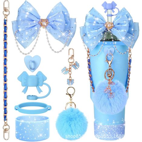 Set d'accessoires pour gobelets Bling adaptés aux gobelets à bec 30oz, 40oz, 20oz avec poignée, comprend un embout de paille en forme de nœud, un couvre-gobelet, une sangle en cuir et un embout bleu (1/5)