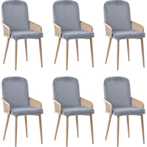 Set de 6 sillas de comedor de terciopelo gris con efecto ratán y patas de metal MODENUIT (1/5)