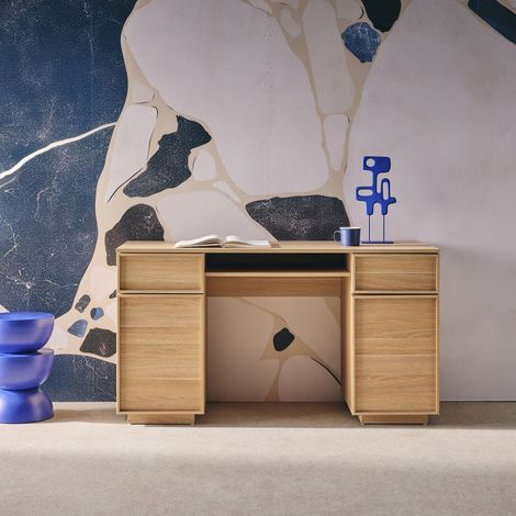 sweeek - Bureau effet bois naturel 2 portes 2 tiroirs 1 niche 140cm - L 140 x P 55 x H 77cm - Kuba