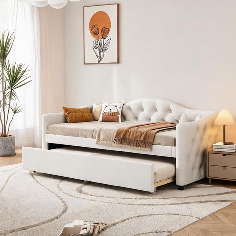 Cadre de lit beige en lin 211 x 101 x 88 cm (1/5)