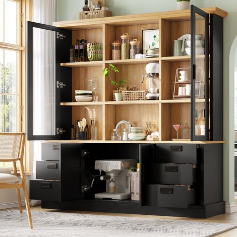 Buffet haut vitrine 140x40x185cm avec 6 tiroirs portes doubles et anti-basculement - mdf - noir (1/5)