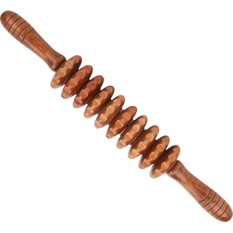 Bâton de massage à rouleau en bois pour le dos, méridiens et élimination de la fatigue. Outil de massage relaxant et musculaire. Rouge vin. (1/5)