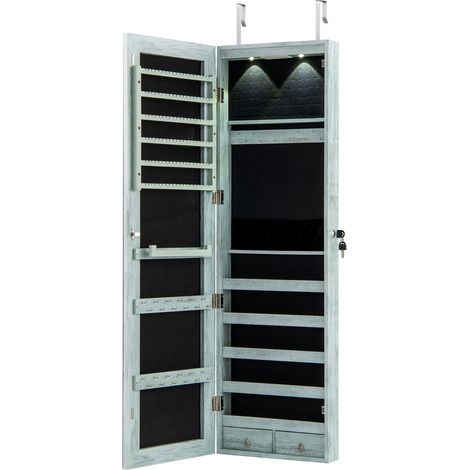 Armadio portagioie con specchio in legno a parete con LED interno 35,5x10x120cm Blu chiaro (1/3)