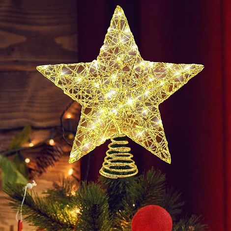 Metallene Baumspitze mit 10 LED-Lichtern, hohler Stern, Pentagramm-Weihnachtsdekoration, Gold