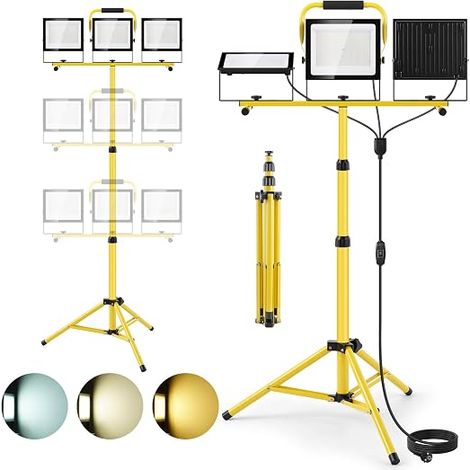 300 W LED Site Spotlight avec trépied, 3 x 100 W 30000 LM Construction Site Projector 6500 K 4500 K 3000 K, Hauteur réglable 85-180 cm, Imperméable IP66 pour chantier Garage Atelier (1/5)