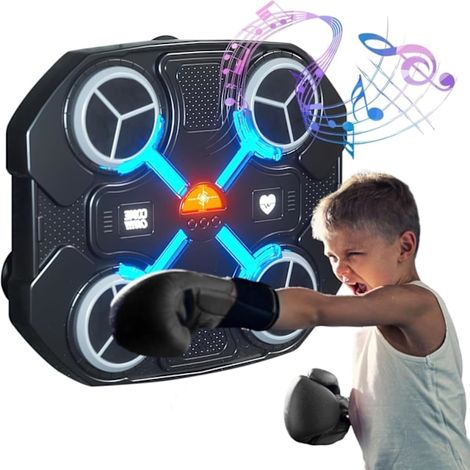 Machine de boxe musicale noire, murale, avec écran LED et éclairage réglable pour enfants.