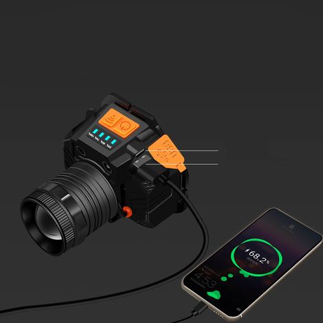 Lampe frontale LED rechargeable USB, zoom rotatif, torche puissante pour extérieur, lumière jaune, avec batterie, projecteur frontal étanche (1/4)