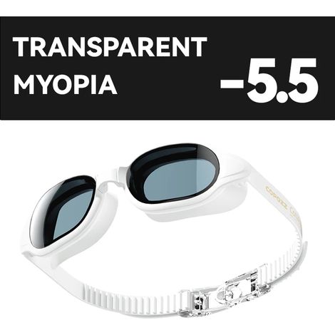 Lunettes de natation (blanches, verres correcteurs 550 dioptries), unisexes, résistantes à la buée, protection UV, réglables. (1/5)