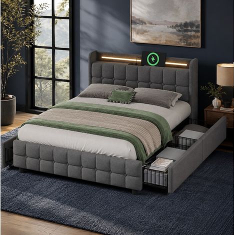 Lit double rembourré moderne 160x200 cm gris, tête de lit avec USB et prises, LED, 4 tiroirs (1/5)