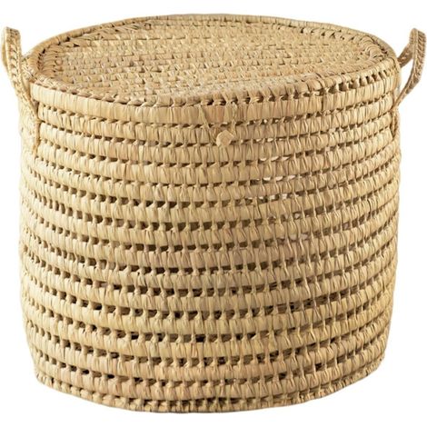 Malle Ronde Feuille de Palmier Osier Rangement Linge, Jouets, Plaids Table d'Appoint Taille 50 x 50 x 40 cm Naturel (1/3)