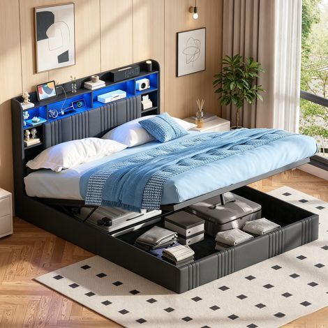 JOOKGBD-Letto contenitore 160x200cm,letto matrimoniale imbottito con LED e USB,testiera imbottita con vano portaoggetti,rete a doghe inclusa,lino,per adulto e adolescente,grigio (1/5)