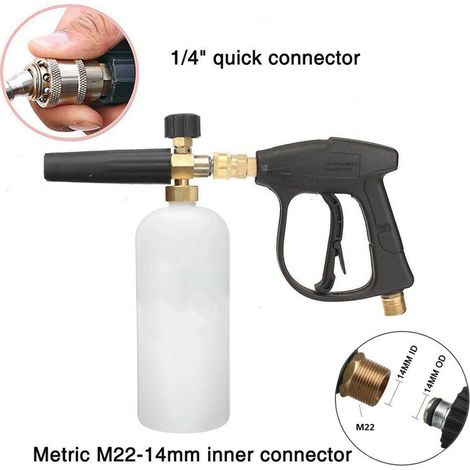 Hochdruck-Schaumpistole für Schneewaschanlagen mit M22-Gewindeanschluss. Hochdruckreinigerpistole und 1-Liter-Schaumflasche mit verstellbarer Lanze.
