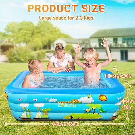 Piscine familiale gonflable pour enfants - 150 cm - Rectangulaire - Avec fond souple et gonflable - Pour l'été - Pour le plaisir de l'eau - Bleu