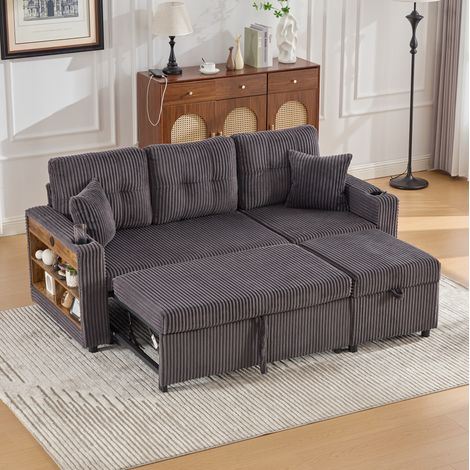 Sofá cama 196 x 82-144 x 85 cm en corduroy gris oscuro con almacenaje, LED y USB-C (1/5)
