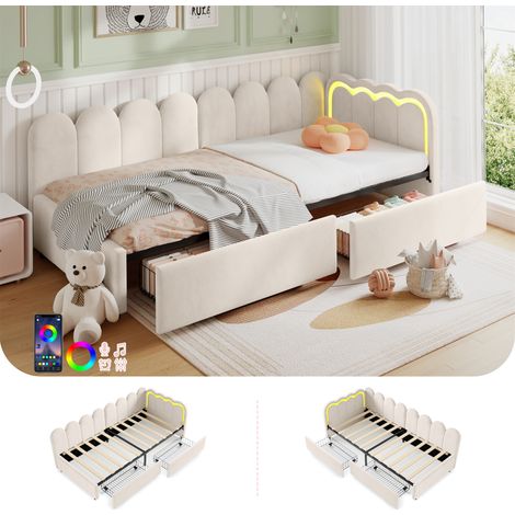 3ft Single Daybed with Smart RGB LED Lights and 2 Storage Drawers, Modern Velvet Youth Bed with Scalloped Backrest and Wooden Slats, Reversible Side Panel, Easy Assembly, Beige (1/5)