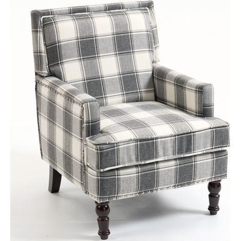 Fauteuil d'appoint vintage en lin rayé gris-blanc avec finition clous pour salon (1/5)