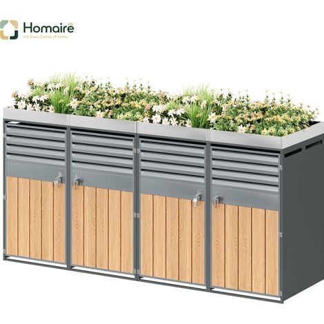 HOMAIRE Boîte à poubelles avec ouverture de ventilation à lamelles, compartiments de rangement, verrouillable, quatre portes et surface plantable