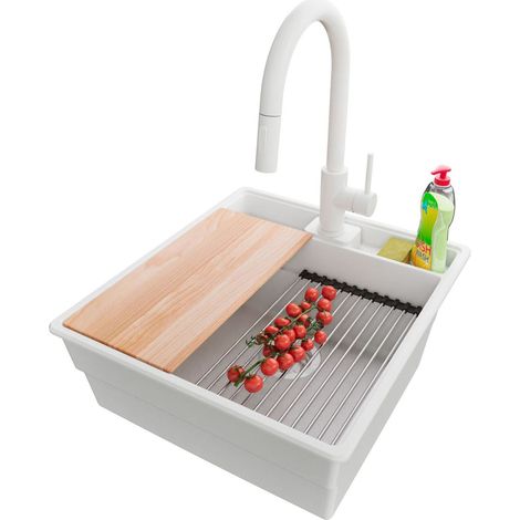 PRIMAGRAN Evier Cuisine en Granit 48x53cm,Lavabo 1 bac + Robinet 40x20cm + Kit de Vidage + Accessoires, Évier à Encastrer au meuble 50cm - New York, Blanc (1/5)