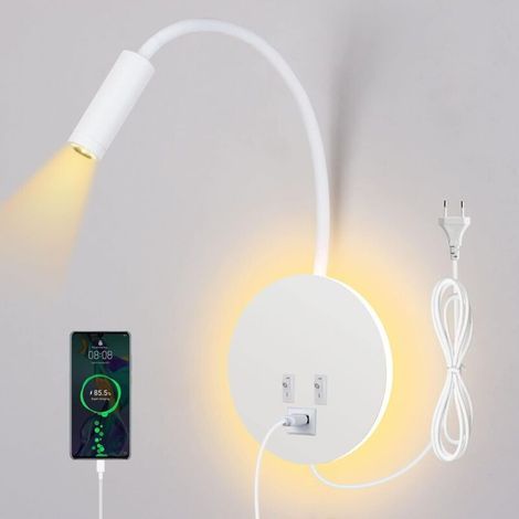 Liseuse murale, applique liseuse 3000k (3W+8W) avec interrupteur et recharge USB, col de cygne rotatif à 360° pour la chambre à coucher, avec prise et câble, blanc (1/5)