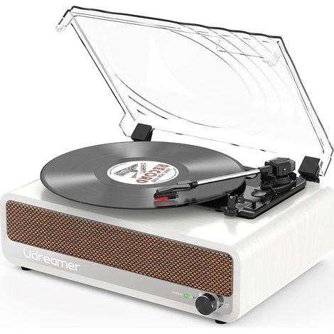 Platine Vinyle Bluetooth Tourne Disque Support USB Aux entrée RCA Ligne de Sortie 3 Vitesses Drive Ceinture Arrêt Automatique Miroir Design Blanc (1/5)
