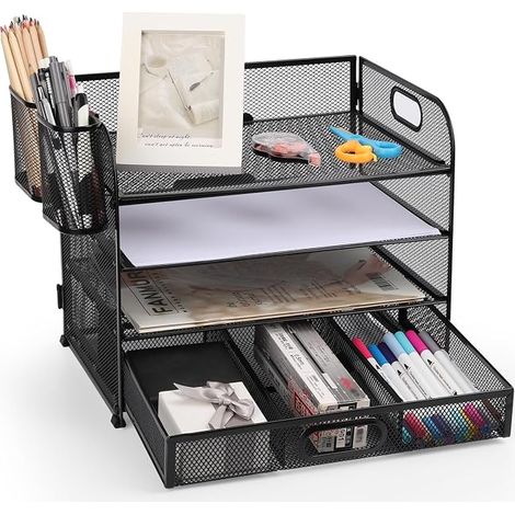 Bac à courrier en Maille, Organiseur de Bureau, Porte-Documents A4 pour la Maison, Le Bureau, l'école (Maille Métallique-4 Niveaux + Tiroir + Porte Stylo) (1/5)