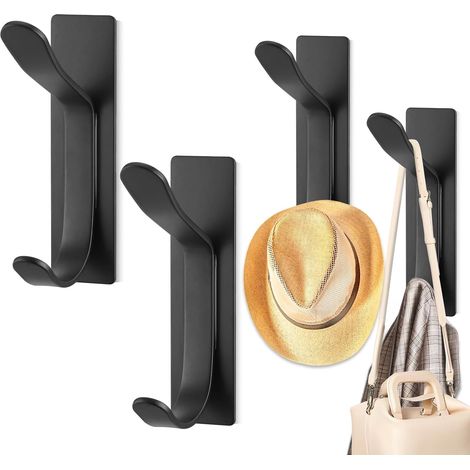 (4 Stück) Wandgarderobe ohne Bohren, schwarze massive Wandhaken, Handtuchhaken aus Edelstahl fürs Badezimmer, Doppel-Kleiderhaken-Design, Handtuchhaken fürs Badezimmer (1/5)