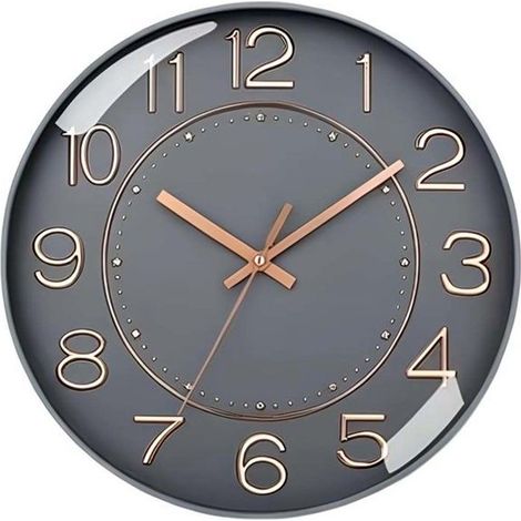 Horloge murale - AVIZAR - Design moderne et luxueux - 26 cm - Gris mat - Chiffres doré rose (1/4)