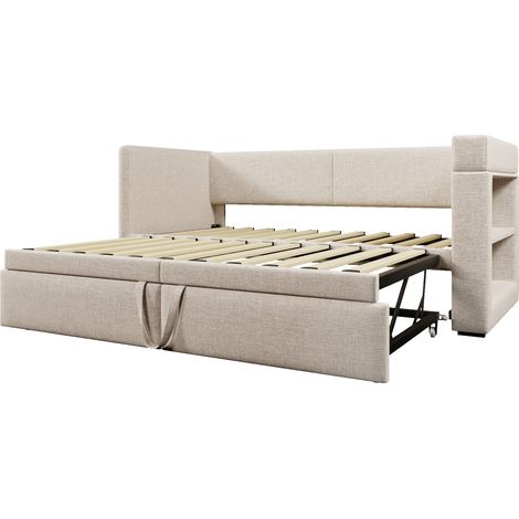 Divano letto estraibile 90x200 cm beige in misto lino e cotone con ricarica USB e Type-C (1/4)