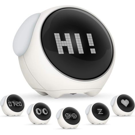 Réveil Enfant, Réveil Numérique Rechargeable, Réveil Mignon Enfants Emoji, Horloge pour Enfants avec Veilleuse à Commande Vocale, Apportez 2 Réveils, 5 Voix, Fonction Snooze, Date, Température (1/5)