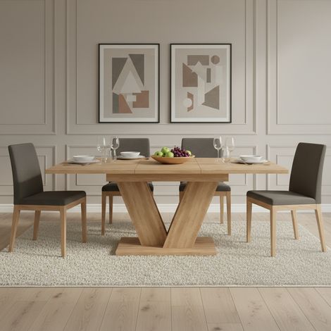 Table à manger rectangulaire extensible 140/180 x 80 cm, pour 4-6 convives, plateau robuste, piètement en V, design épuré, finition chêne clair. (1/5)