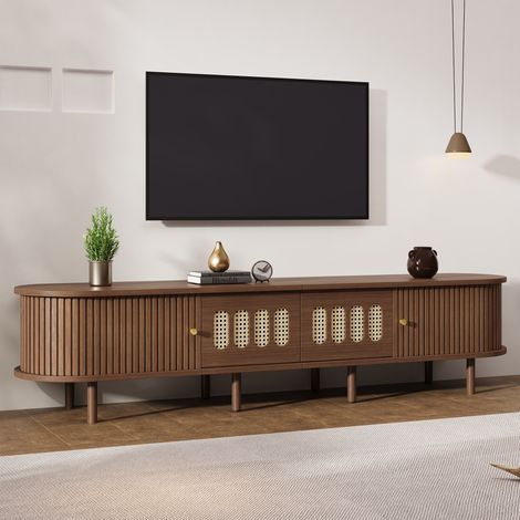 REDOM Mueble TV ovalado 180x40x40 cm, diseño ratán, con dos cajones y puerta enrollable, color nogal (1/5)
