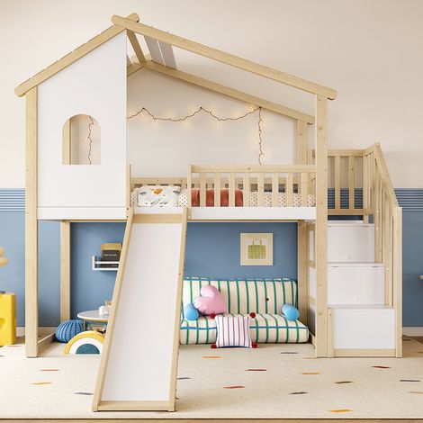 Lit mezzanine 90 x 200 cm, barrières de lit, échelle de rangement, fenêtre, toboggan, balustrade de maison, couleur naturelle + blanc (1/5)