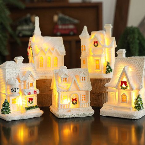 Maison En Résine - Cabane De Neige Illuminée Blanc - Décoration De Bureau Et Intérieure Pour Noël - 3 Pièces