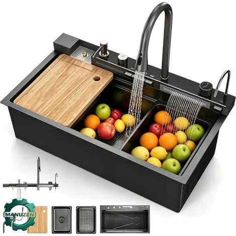 Manuzen - Évier de cuisine cascade noir 80 × 45 cm – inox et accessoires (1/5)